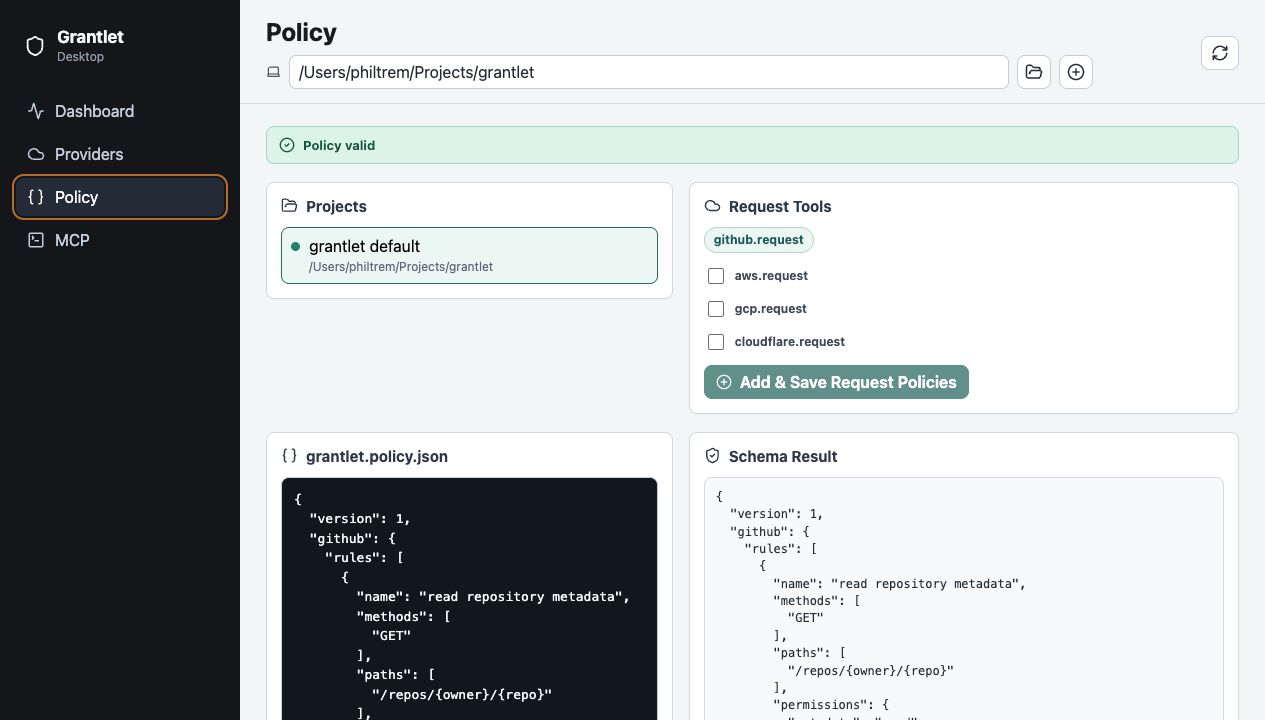 Grantlet Desktop policy editor showing a valid project policy and allowed request tools.